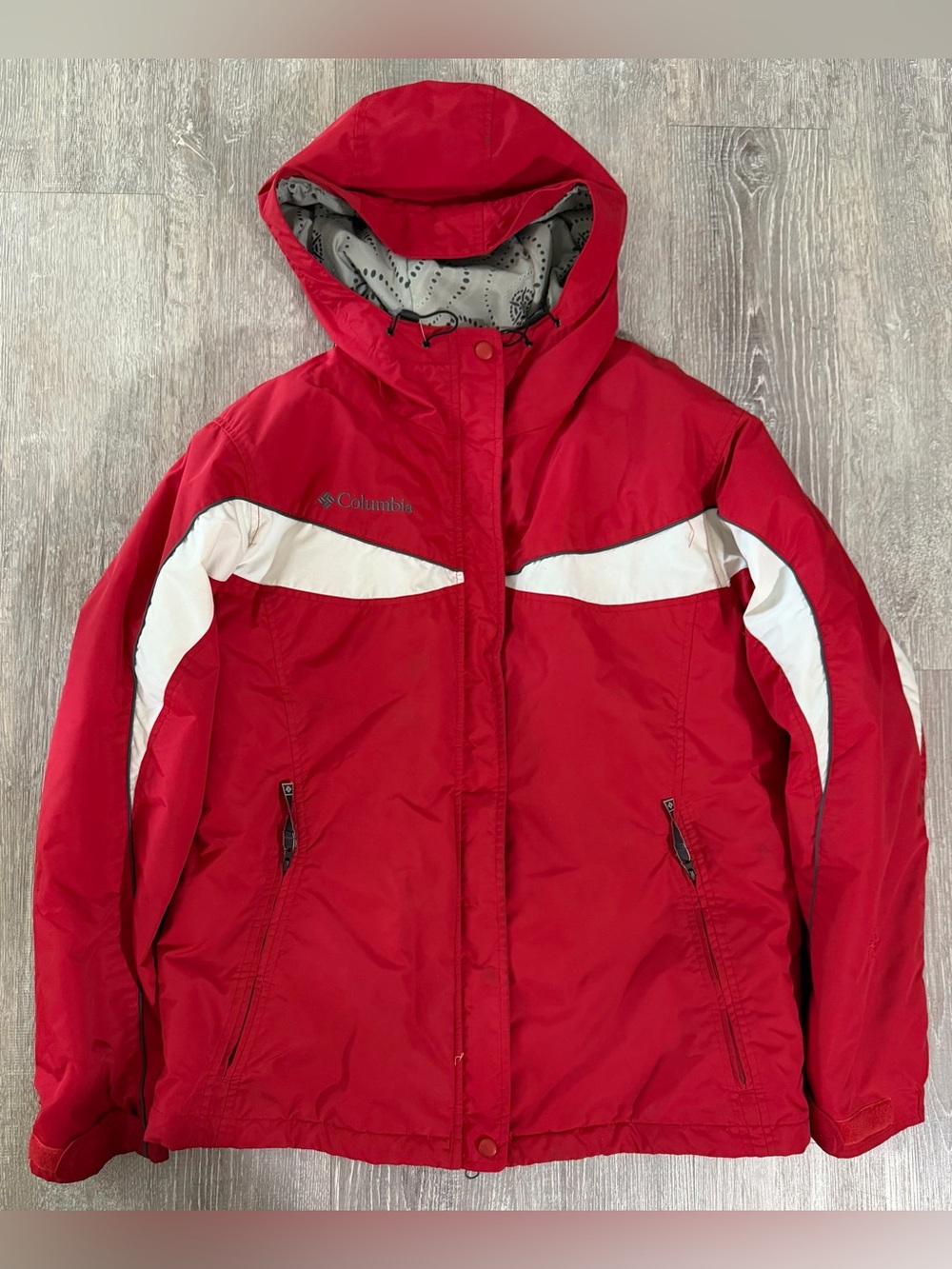 Columbia Red Hooded Utility Jacket with White Accents